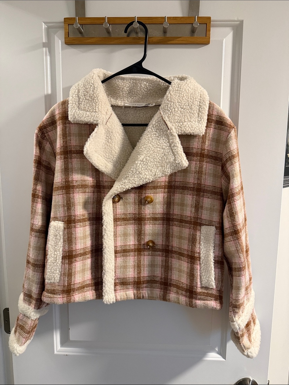 Altar'd State Pink and Brown Plaid Sherpa-Trim Teddy Jacket